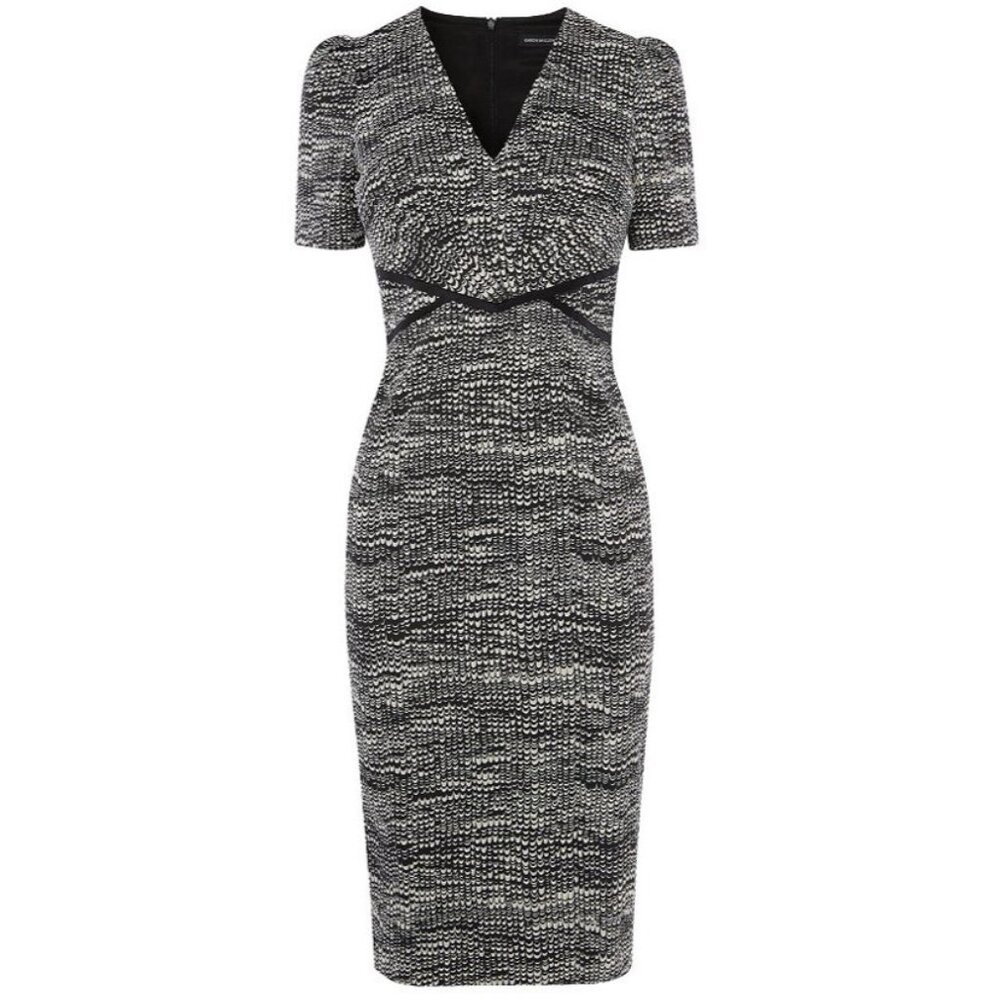 Karen Millen Abstract Print V-Neck Pencil Satin Dress with Silk Detailing Size 2